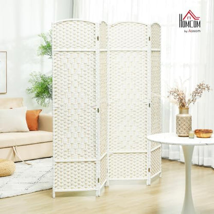 HOMCOM 4 Panel Room Divider 6 Ft Privacy Screen Hand-Woven White - Image 2