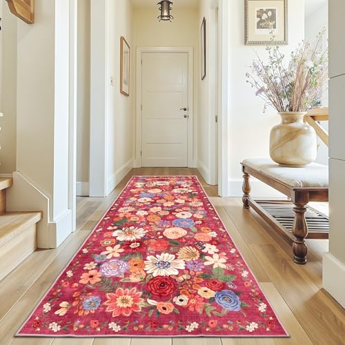 Red Floral Hallway Runner Rug 3x7 by WelcometoBabovid