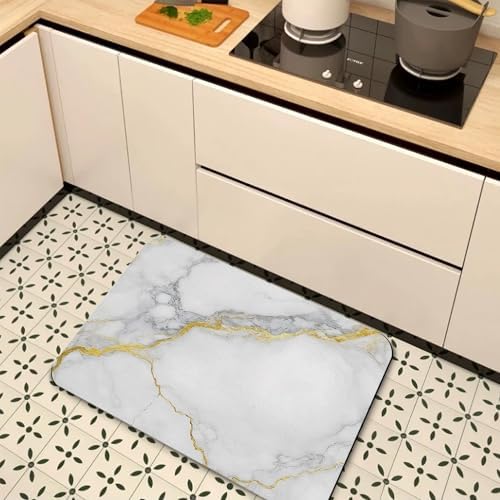 White Grey Marble Bath Mat, Fast Drying Modern Gold Abstract Bathmats - Image 7