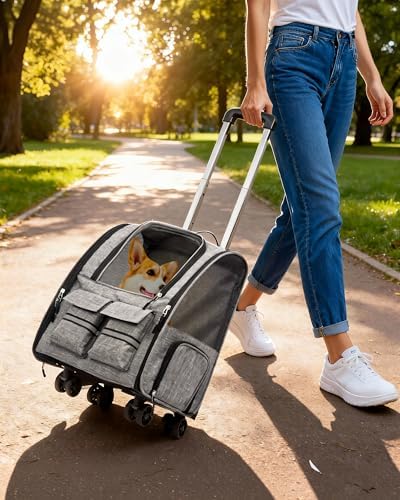 Rolling Pet Carrier Set with Wheels, & 1 Bowl - Image 5