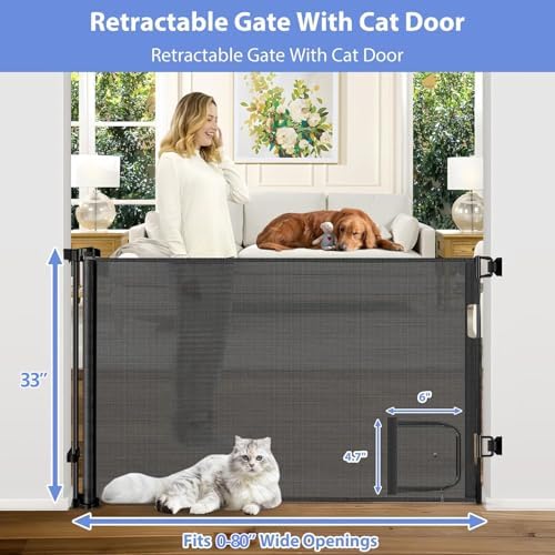 Retractable Baby Gates with Cat Door 80" Wide Retractable Dog Gate with Pet - Image 2