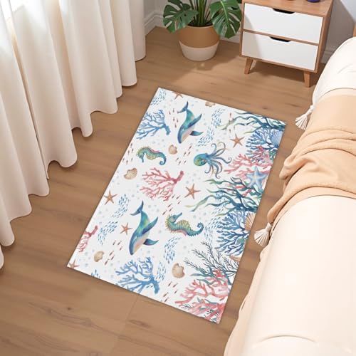 Giwawa Coastal Ocean Bath Rug Seahorse Whales Bathtub Mat Extra Absorbent - Image 6