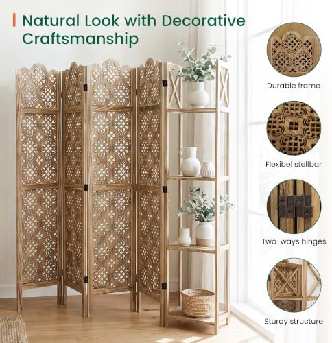 Svimi Wood Room Divider with 4-Tier Shelves, 4 Panel Privacy Screen - Image 3