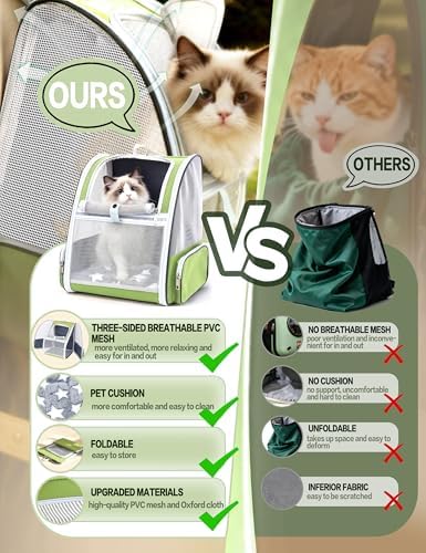 Cat Backpack Carrier with Washable Bed Mat Green Cat Carrier - Image 3