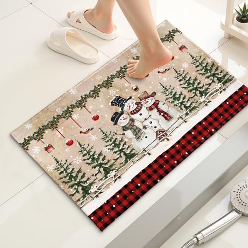 Giwawa Winter Snowman Bath Rug Red Buffalo Plaid Bathtub Mats Soft Absorbent - Image 2