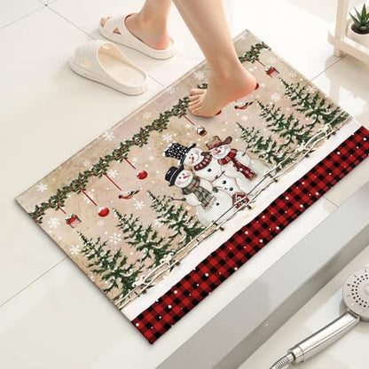 Giwawa Winter Snowman Bath Rug Red Buffalo Plaid Bathtub Mats Soft Absorbent - Image 2
