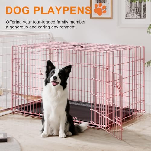 FDW | 42" Foldable Metal Dog Crate | Pink | Cage - Image 2