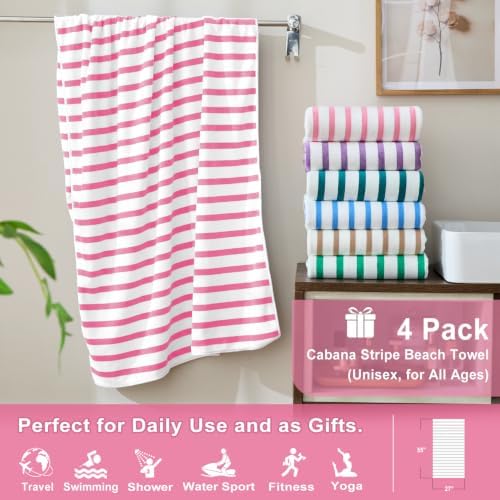 JML Microfiber Beach Towels, 4 Pack, Stripe Pink - Image 2