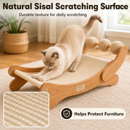 Sisal Cat Scratcher Bed with 3 Balls, Wood Hammock - Image 3