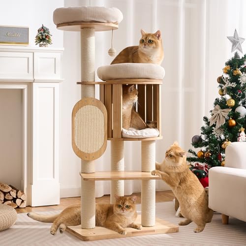 50" Modern Cat Tree for Indoor Cats Small to Medium, Solid Wood Cat Tower by Kicari