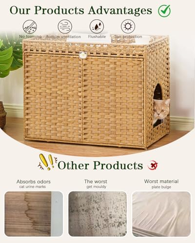 SETVSON Cat Litter Box Enclosure, Extra Large Hidden PE Rattan Natural - Image 3