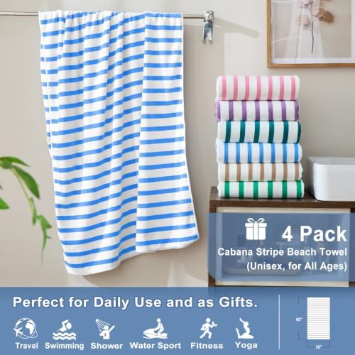 JML Microfiber Beach Towels, 4 Pack, Cabana Stripe Blue - Image 2