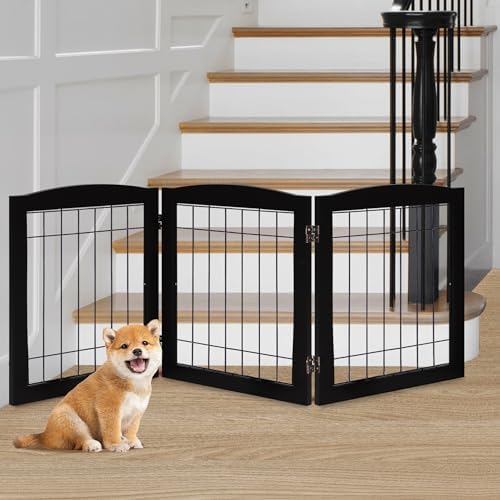 LZRS 3-Panel Freestanding Foldable Wooden Dog Gate –Solid Wood & Steel Wire by LZRSPET