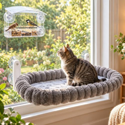 Cat Window Perch with Bird Feeder, Plush Suction Cup Window Cat Bed, M Size by LWBROS