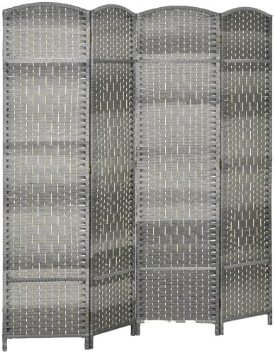HOMCOM 4 Panel Room Divider 6 Ft Privacy Screen Hand-Woven Mixed Gray by HOMCOM