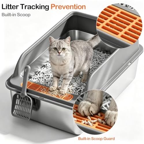 High-Sided XL Stainless Steel Cat Litter Box, Includes Scoop - Image 2