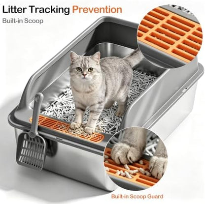High-Sided XL Stainless Steel Cat Litter Box, Includes Scoop - Image 2