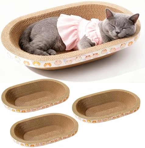 3 Pack Cat Scratcher Bed, Oval Cardboard Cat Scratcher Cat Scratch Pad Board by Unknown