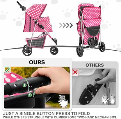 MoNiBloom Pet Stroller for Small/Medium Dogs and Cats, Hot Pink Polka Dots - Image 7
