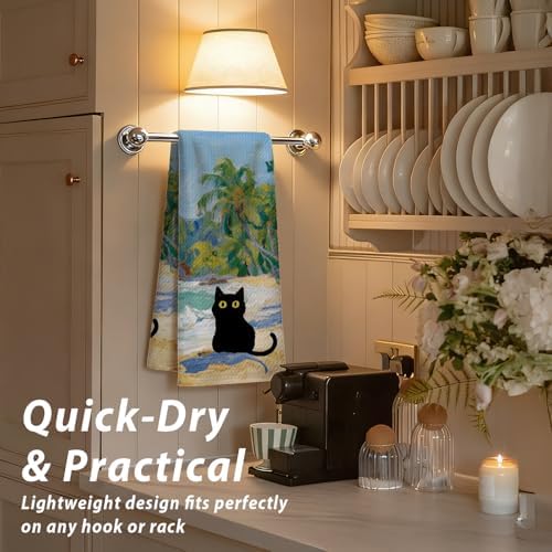 Black Cat Kitchen Towels, Coastal Beach Black Cats Decor - Image 7