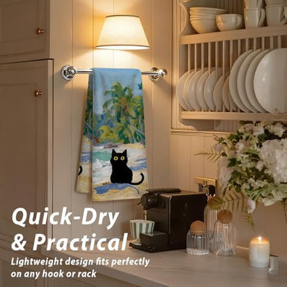 Black Cat Kitchen Towels, Coastal Beach Black Cats Decor - Image 7