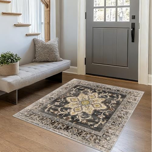 Washable 3x3 Square Rug for Entry Bathroom Kitchen Bedroom Black/Gold by NYZEL