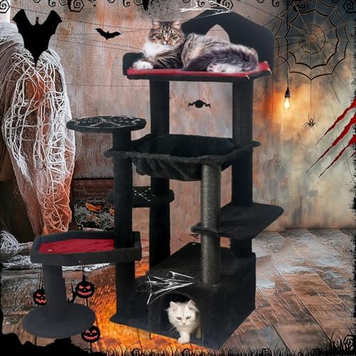 Gothic Cat Tree with Coffin Bed, Spooky Cat Tower with Scratching Post - Image 4