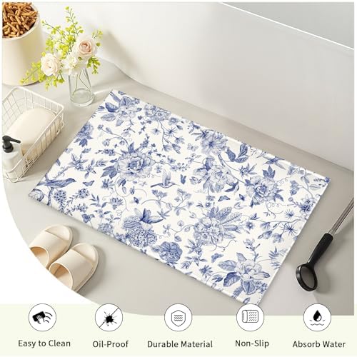 Chinoiserie Flower Bath Rug Blue Leaves Bathroom Mat 20"x32" Soft Plush - Image 4