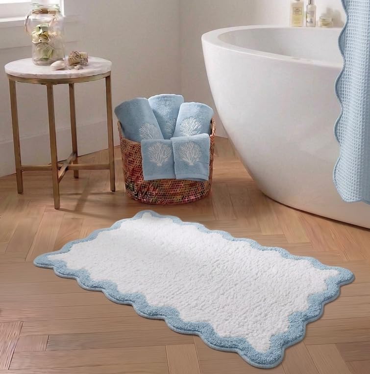 Coastal Decor Cute Blue Scalloped Bathroom Mat, Fun Plush Luxury Microfiber by Casasphere