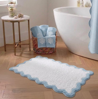 Coastal Decor Cute Blue Scalloped Bathroom Mat, Fun Plush Luxury Microfiber by Casasphere