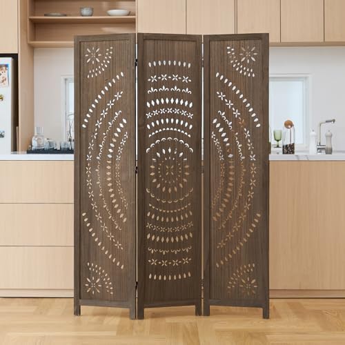 66.9Inch Folding Room Divider, 3 Panels Wood Carved Privacy Screens, Free - Image 2