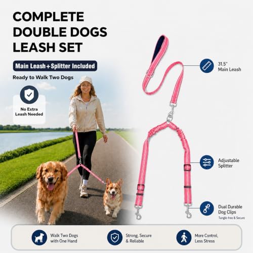 Double Dog Leash Padded Handle 360°Swivel No Tangle Dual Leash - Image 2