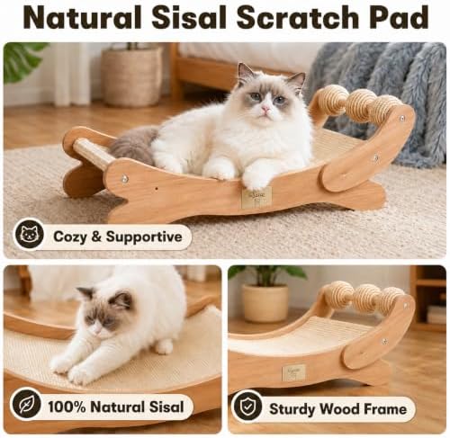 Sisal Cat Scratcher Bed with 3 Balls, Wood Hammock - Image 4