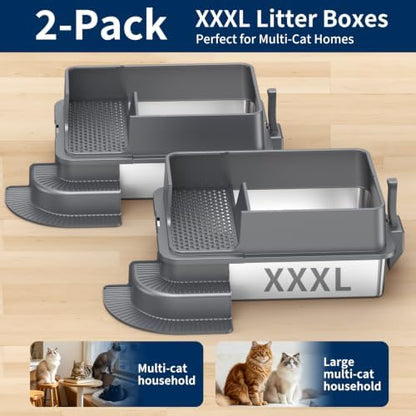 Stainless Steel Cat Litter Box – 2-Pack Extra Large Open Tray, Deep Gray - Image 3