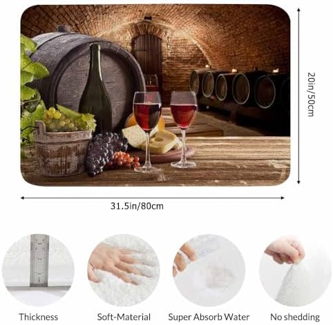 Wine Bottle and Glasses Bathroom Mat Rugs Vintage Wodden Barrel Microfiber Faux - Image 3
