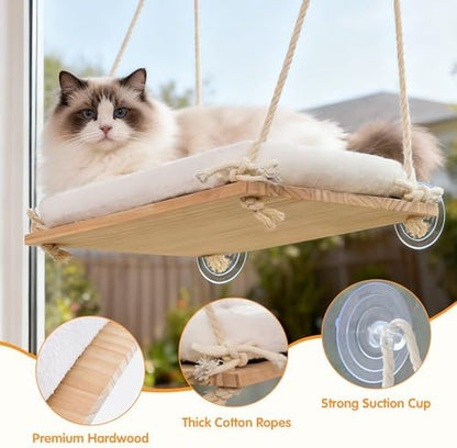 Cat Window Perch Hammock with Solid Wood Seat & Plush Cushion - Image 4