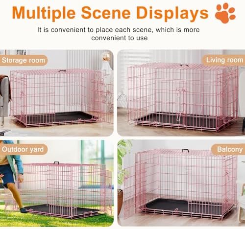 FDW | 42" Foldable Metal Dog Crate | Pink | Cage - Image 5
