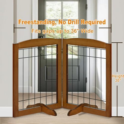 LZRS 2-Panel Freestanding Adjustable Wooden Dog Gate—30” Tall Foldable Pet - Image 2