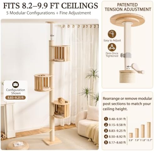 Floor to Ceiling Cat Tree, Adjustable 8.2-9.9 ft Tension Cat Tower - Image 3
