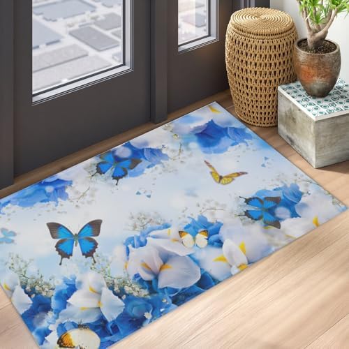 Giwawa Blue Floral Bath Rug Flower Butterfly Bathroom Carpet Extra Soft Plush - Image 5