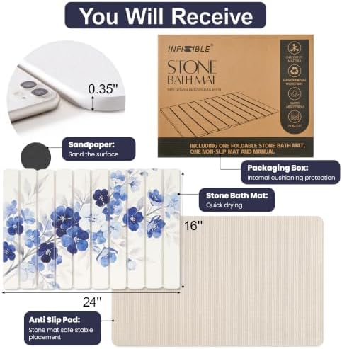 Blue Sakura Foldable Stone Bath Mat, Diatomaceous Stone Bathroom Shower Mat - Image 6