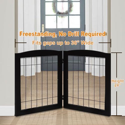 LZRS 2-Panel Freestanding Foldable Wood Dog Gate – Solid Wood & Steel Wire - Image 2