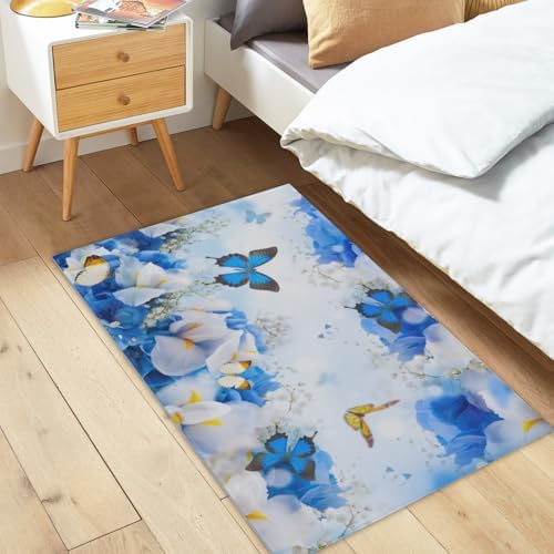 Giwawa Blue Floral Bath Rug Flower Butterfly Bathroom Carpet Extra Soft Plush - Image 2