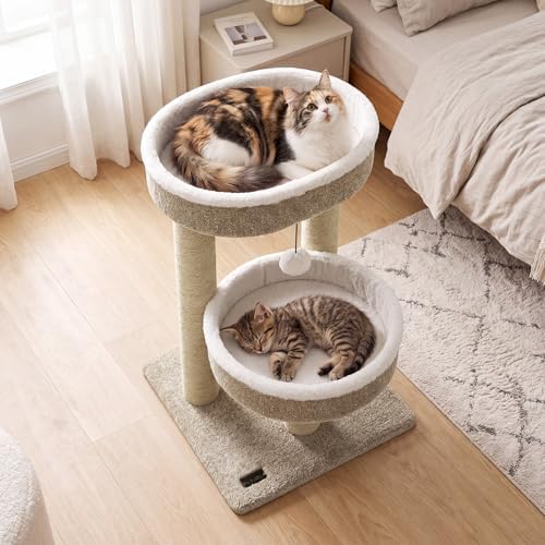 PETSITE 24-inch Small Cat Tree, 2 Comfy Cat Beds, and Interactive Hanging Ball - Image 2