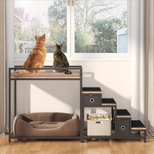 Saudism Pet Bunk Bed with Removable Stairs and 2 Drawers, Dogs/Cats Window Perch by Saudism