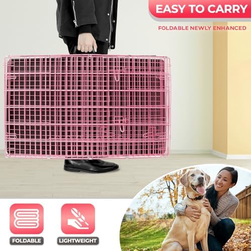 FDW | 42" Foldable Metal Dog Crate | Pink | Cage - Image 4