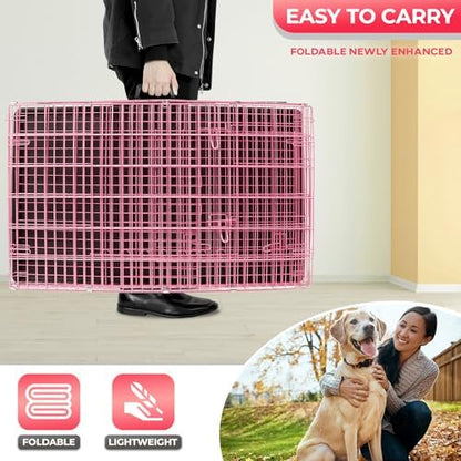 FDW | 42" Foldable Metal Dog Crate | Pink | Cage - Image 4