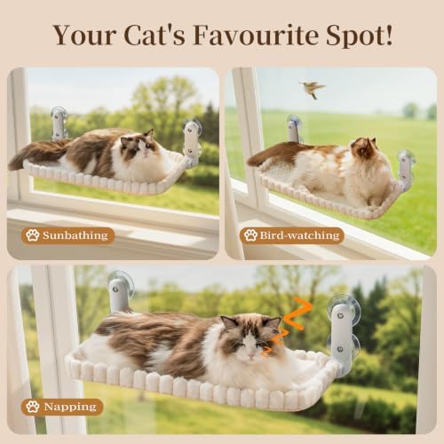 JUNSPOW Cat Window Perch, Foldable Cat Hammock, 4 Suction Cups White+Medium - Image 4