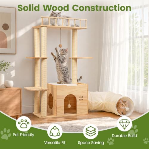 45" Solid Wood Cat Tree for Indoor Cats, Cat Tower - Image 3