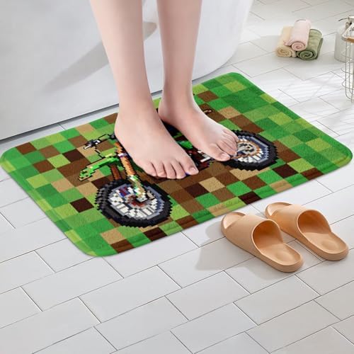Cool Motorcycle Bathroom Rug, Pixelated Geometric Grid Non Slip Bath Mat - Image 2